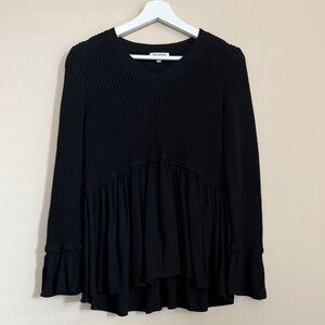 Rag Poets Rib V Neck Flowy Bell Sleeve Ruffle Hem Drapey Black Sweater Small